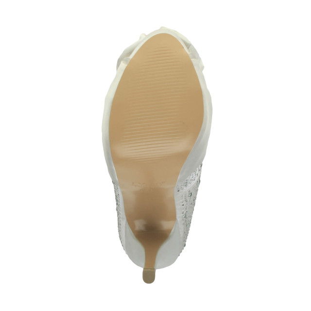 Bottom view of the sole of White Satin High Heel Flower Diamante Peep Toe Platform Shoes