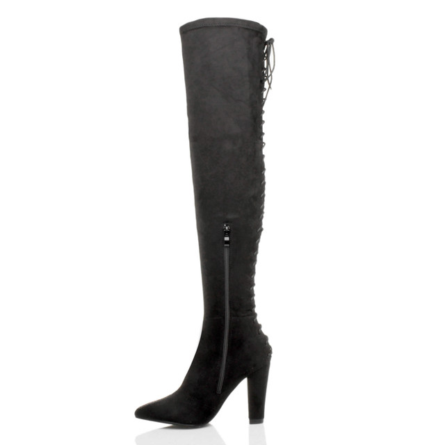 Left side view of Black Suede High Block Heel Lace Up Corset Back Over The Knee Boots
