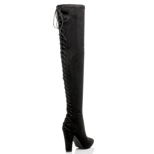 Back right side view of Black Suede High Block Heel Lace Up Corset Back Over The Knee Boots
