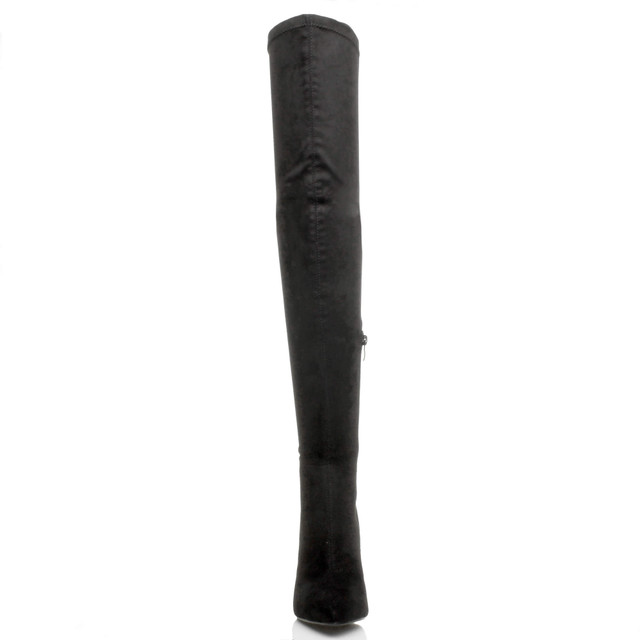 Front view of Black Suede High Block Heel Lace Up Corset Back Over The Knee Boots
