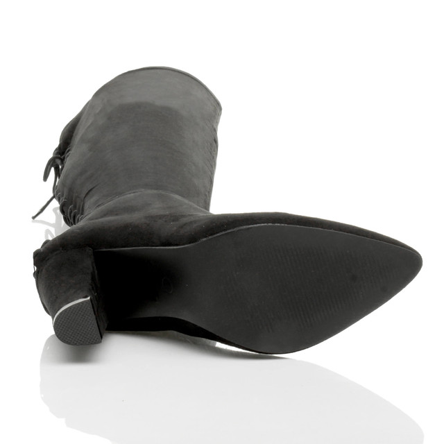 Bottom view of the sole of Black Suede High Block Heel Lace Up Corset Back Over The Knee Boots