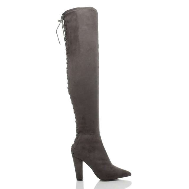 Right side view of Grey Suede High Block Heel Lace Up Corset Back Over The Knee Boots