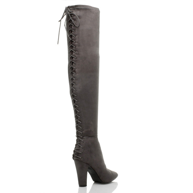 Back right side view of Grey Suede High Block Heel Lace Up Corset Back Over The Knee Boots