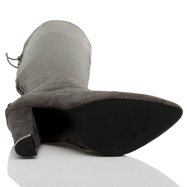 Bottom view of the sole of Grey Suede High Block Heel Lace Up Corset Back Over The Knee Boots