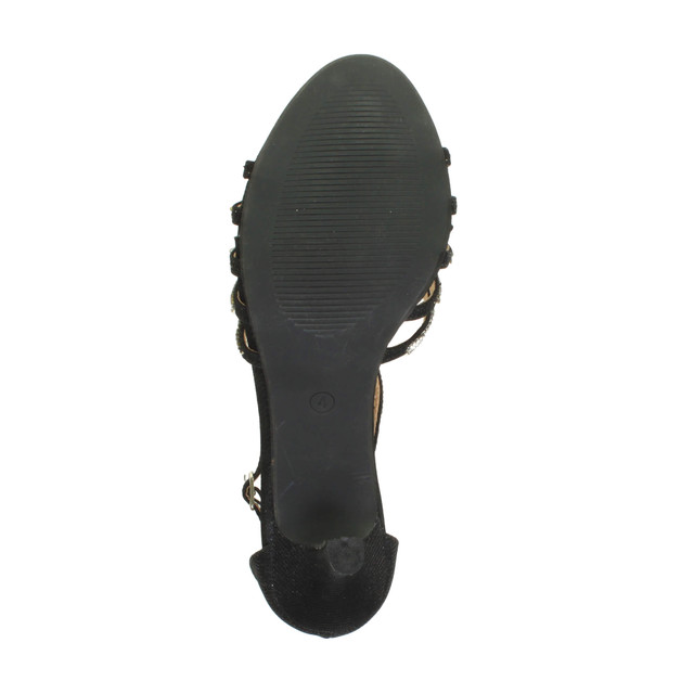 Bottom view of the sole of Black Mid Heel Diamante T-Bar Strappy Sandals