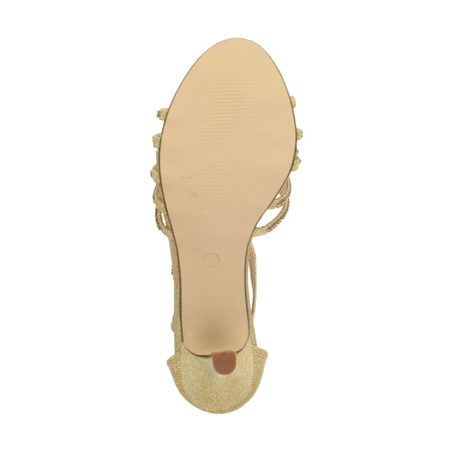 Bottom view of the sole of Gold Mid Heel Diamante T-Bar Strappy Sandals