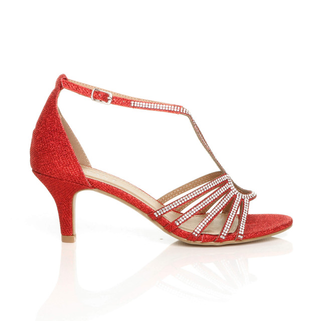 Right side view of Red Mid Heel Diamante T-Bar Strappy Sandals