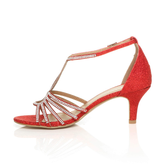 Left side view of Red Mid Heel Diamante T-Bar Strappy Sandals