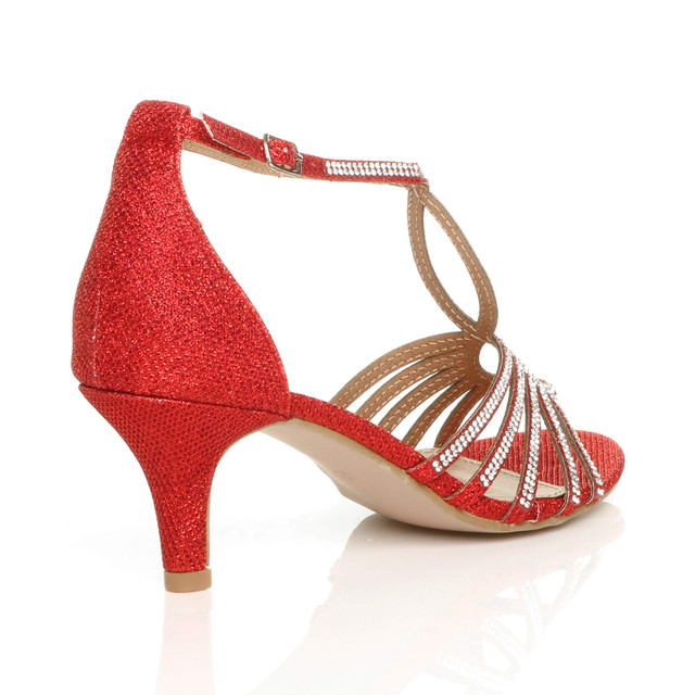 Back right side view of Red Mid Heel Diamante T-Bar Strappy Sandals
