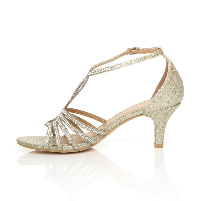 Left side view of Gold Mid Heel Diamante T-Bar Strappy Sandals