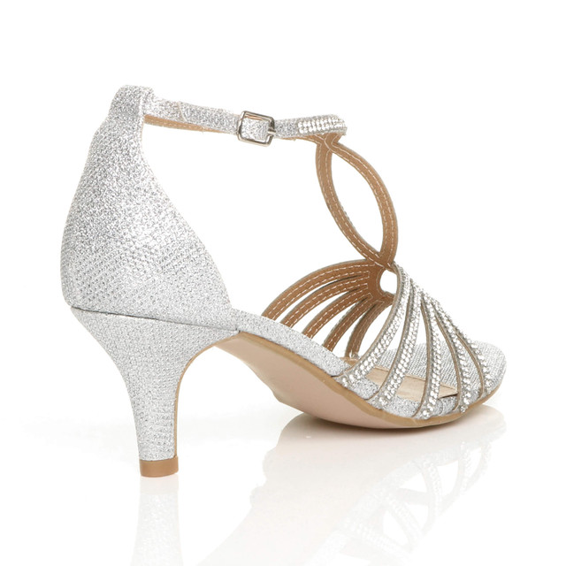 Back right side view of Silver Mid Heel Diamante T-Bar Strappy Sandals
