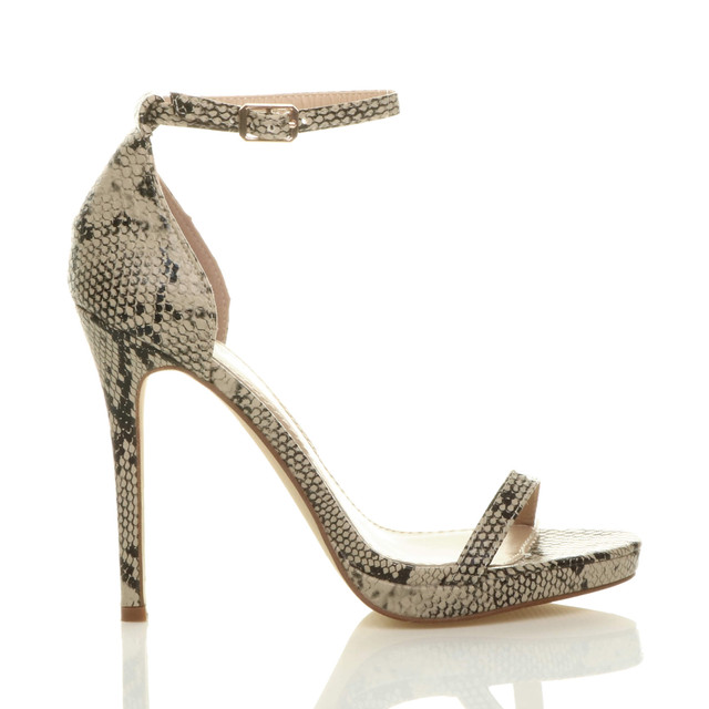 Right side view of Beige Snake PU High Heel Ankle Strap Barely There Sandals