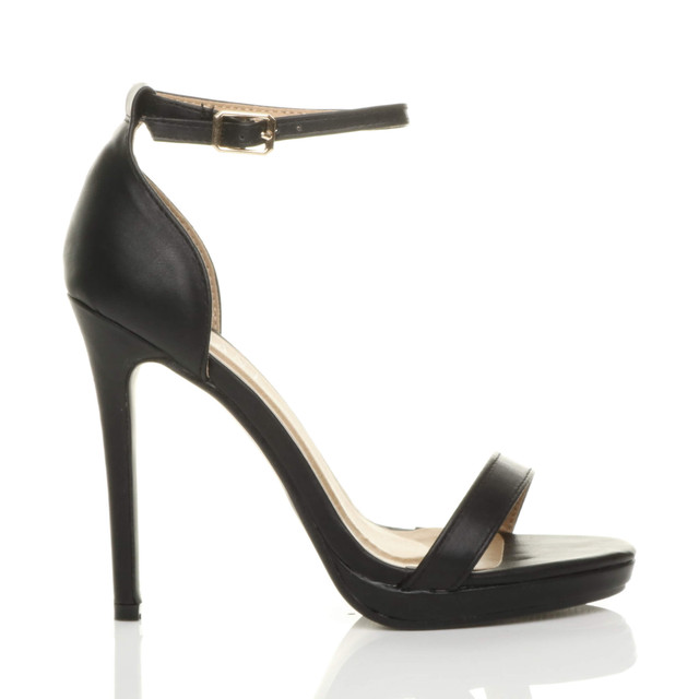 Right side view of Black PU High Heel Ankle Strap Barely There Sandals