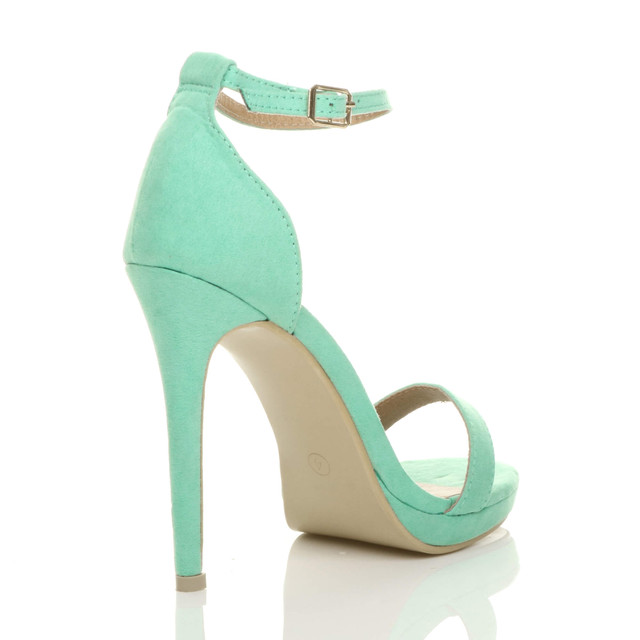 Back right side view of Mint Suede High Heel Ankle Strap Barely There Sandals