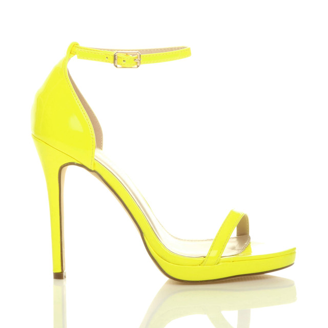 Right side view of Neon Yellow Patent High Heel Ankle Strap Barely There Sandals