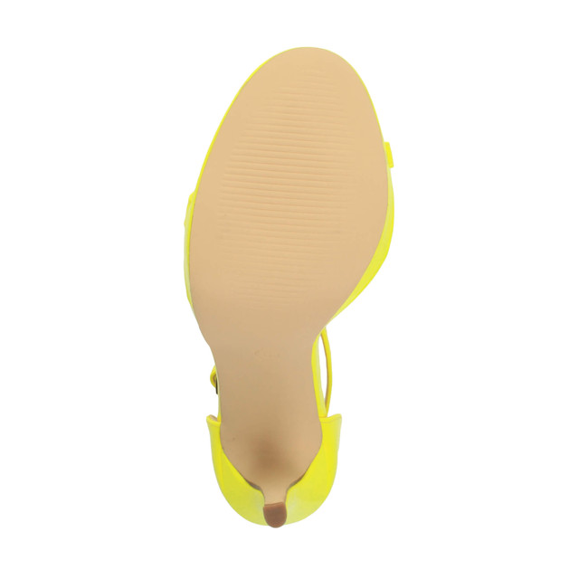 Bottom view of the sole of Neon Yellow Patent High Heel Ankle Strap Barely There Sandals