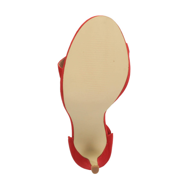 Bottom view of the sole of Red Suede High Heel Ankle Strap Barely There Sandals