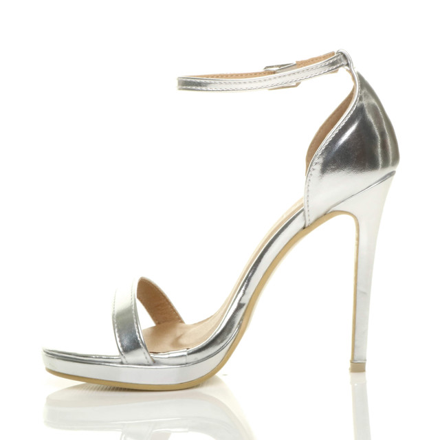 Left side view of Silver PU High Heel Ankle Strap Barely There Sandals