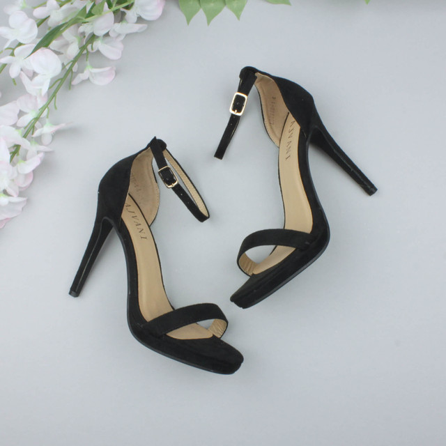 Black Suede High Heel Ankle Strap Barely There Sandals