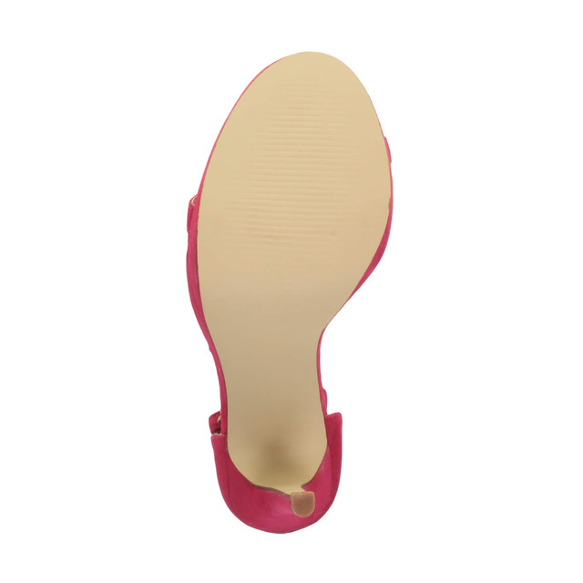 Bottom view of the sole of Fuchsia Pink Suede High Heel Ankle Strap Barely There Sandals