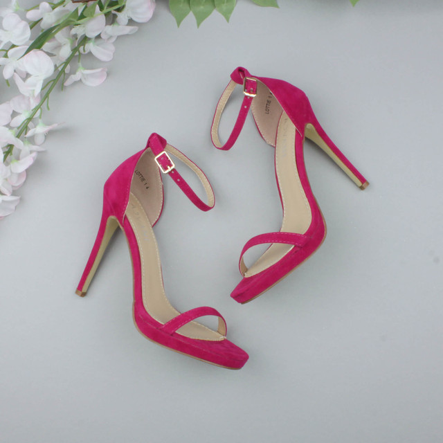 Fuchsia Pink Suede High Heel Ankle Strap Barely There Sandals