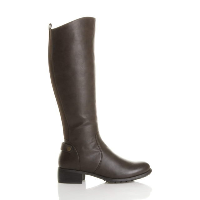 Right side view of Brown PU Mid Heel Stretch Riding Calf Boots
