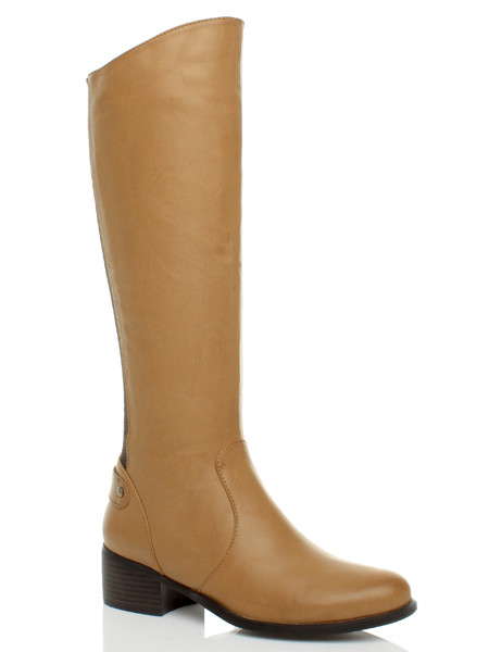 Front right side view of Tan PU Mid Heel Stretch Riding Calf Boots