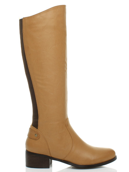 Right side view of Tan PU Mid Heel Stretch Riding Calf Boots