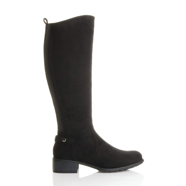 Right side view of Black Suede Mid Heel Stretch Riding Calf Boots