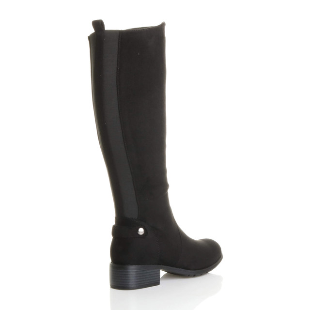 Back right side view of Black Suede Mid Heel Stretch Riding Calf Boots