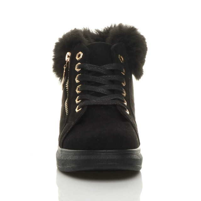 Front view of Black Suede Mid Heel Wedge Fur Cuff Low Top Trainers