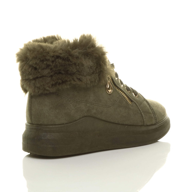 Back right side view of Khaki Suede Mid Heel Wedge Fur Cuff Low Top Trainers