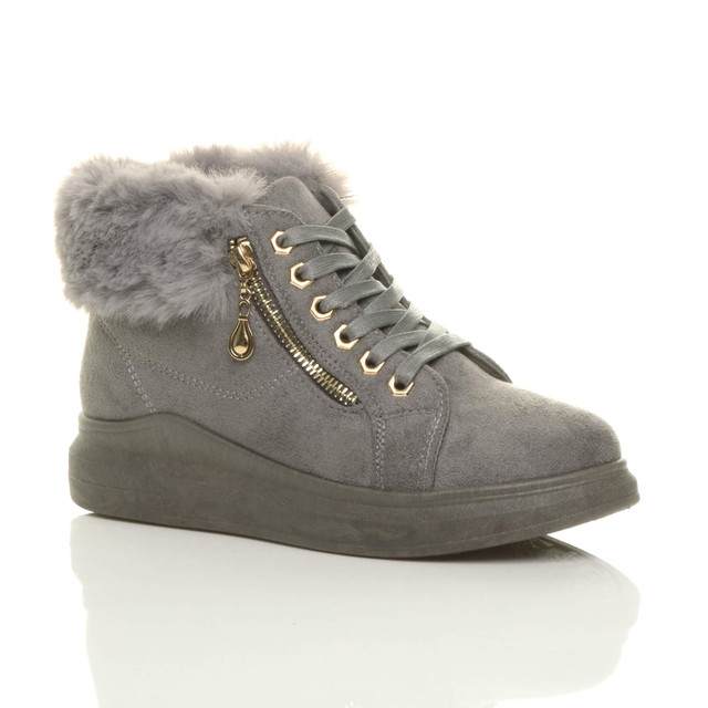 Front right side view of Grey Suede Mid Heel Wedge Fur Cuff Low Top Trainers