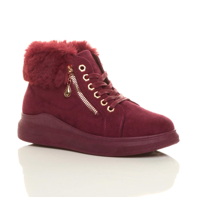 Front right side view of Burgundy Suede Mid Heel Wedge Fur Cuff Low Top Trainers
