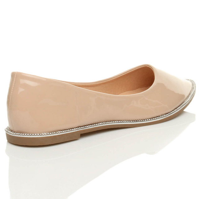 Back right side view of Beige Patent Flat Diamante Pointed Toe Ballerina Dolly Shoes