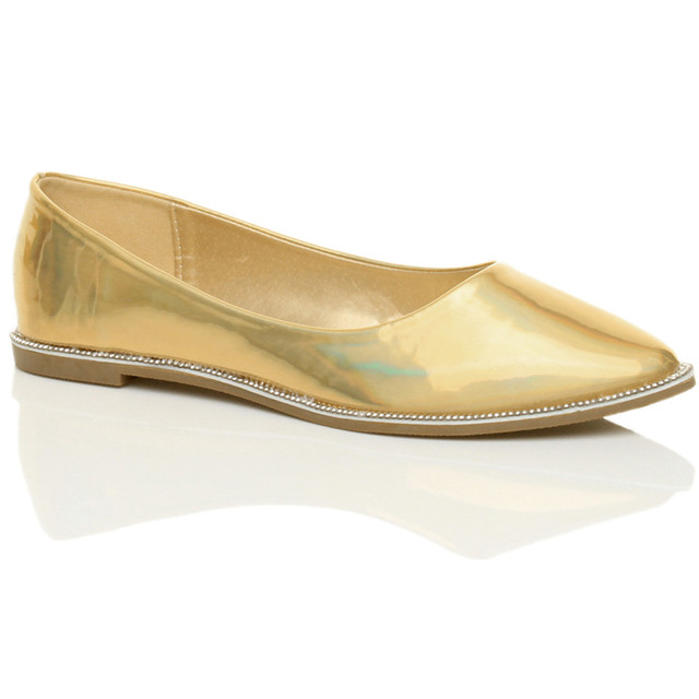 Front right side view of Gold Patent Flat Diamante Pointed Toe Ballerina Dolly Shoes