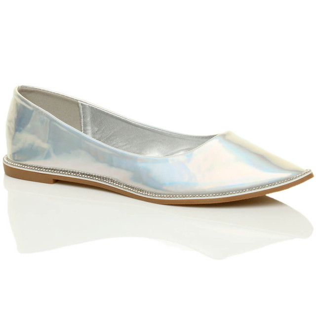 Front right side view of Silver Patent Flat Diamante Pointed Toe Ballerina Dolly Shoes