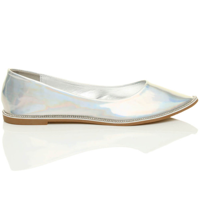 Right side view of Silver Patent Flat Diamante Pointed Toe Ballerina Dolly Shoes
