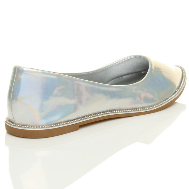 Back right side view of Silver Patent Flat Diamante Pointed Toe Ballerina Dolly Shoes