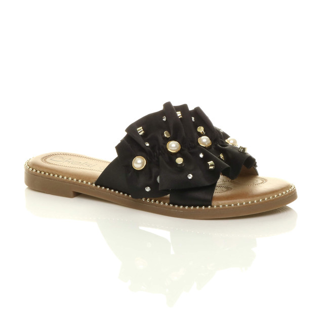 Front right side view of Black Flat Pearl Diamante Ruffle Sandals Flip Flops