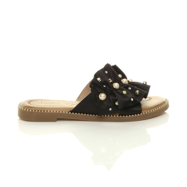 Right side view of Black Flat Pearl Diamante Ruffle Sandals Flip Flops