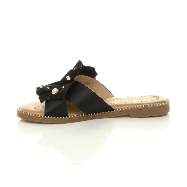 Left side view of Black Flat Pearl Diamante Ruffle Sandals Flip Flops