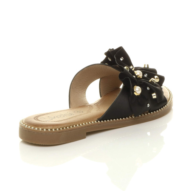 Back right side view of Black Flat Pearl Diamante Ruffle Sandals Flip Flops