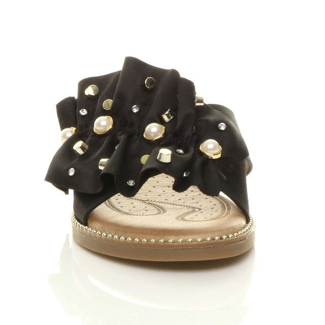 Front view of Black Flat Pearl Diamante Ruffle Sandals Flip Flops