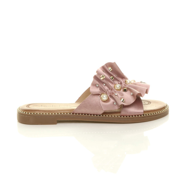 Right side view of Pink Flat Pearl Diamante Ruffle Sandals Flip Flops
