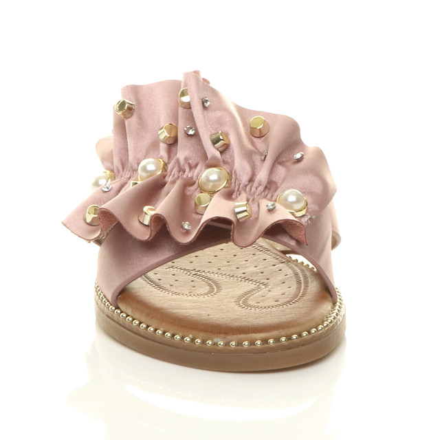 Front view of Pink Flat Pearl Diamante Ruffle Sandals Flip Flops
