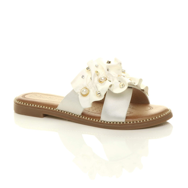 Front right side view of White Flat Pearl Diamante Ruffle Sandals Flip Flops