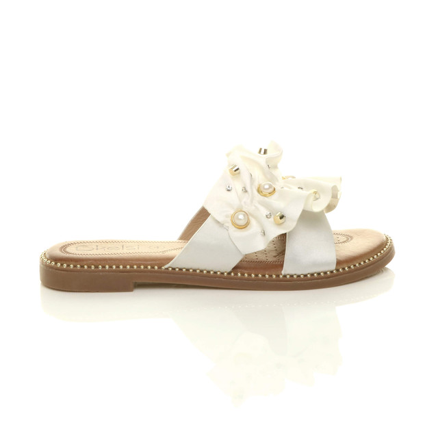 Right side view of White Flat Pearl Diamante Ruffle Sandals Flip Flops