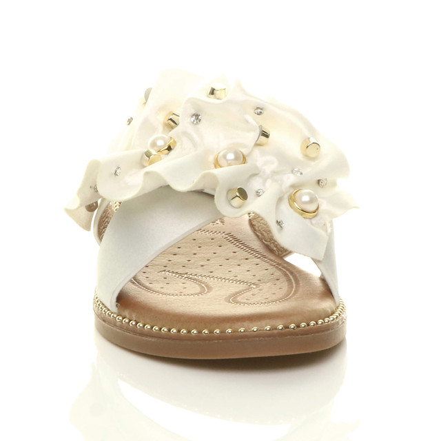 Front view of White Flat Pearl Diamante Ruffle Sandals Flip Flops