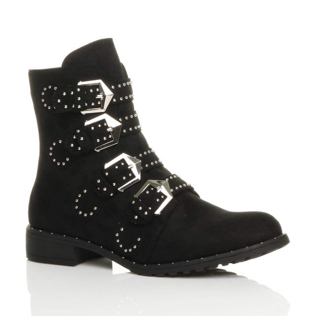 Front right side view of Black Suede Flat Low Heel Studded Buckle Biker Boots